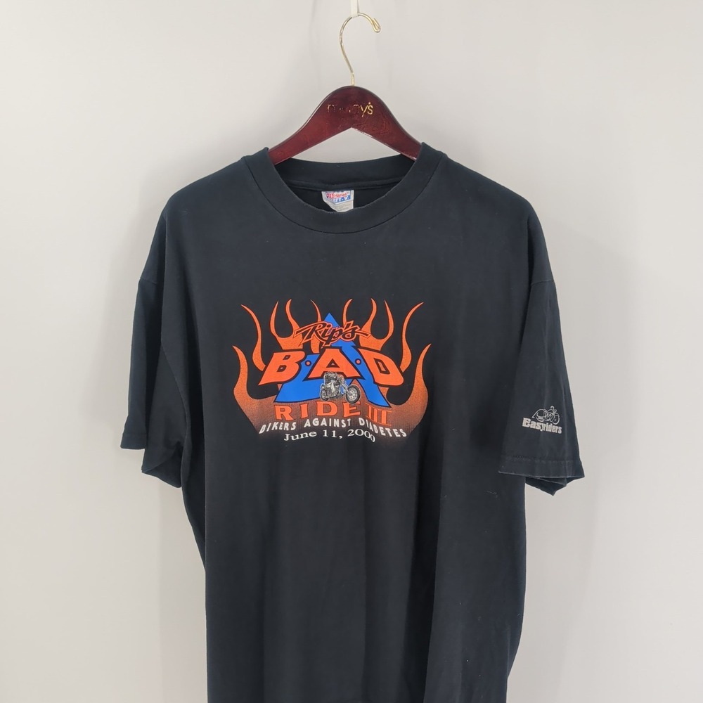 Vtg Y2K Hanes Beefy Rip's B.A.D. Ride 3 Bikers Against Diabetes T-Shirt Black XL